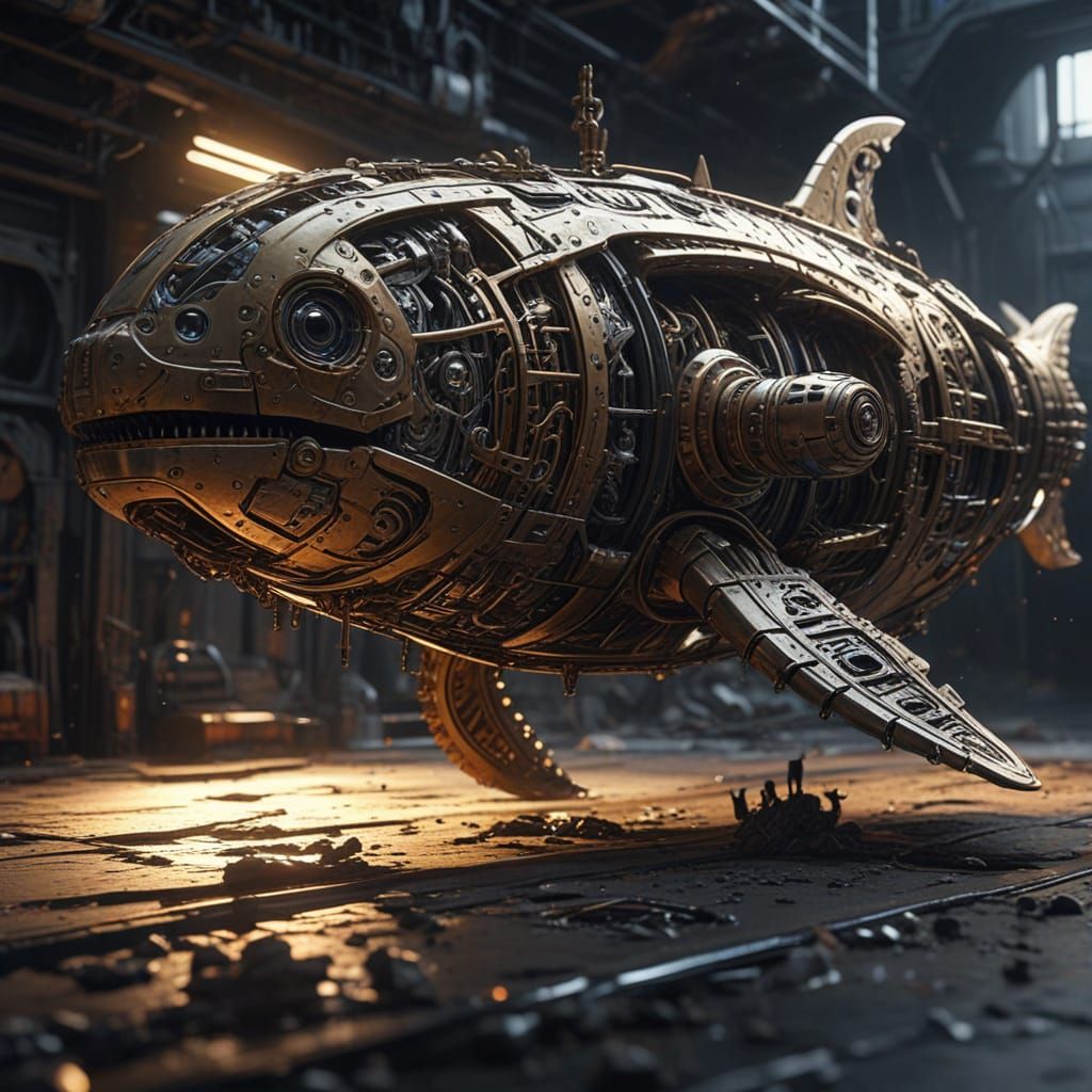 Glorious Mechanical Whale in Golden Waves