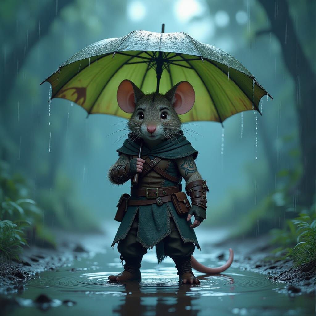"Finn, an anthropomorphic mouse adventurer, standing in pouring rain under a large palm leaf umbrella. He wears worn leather armor and a gra...