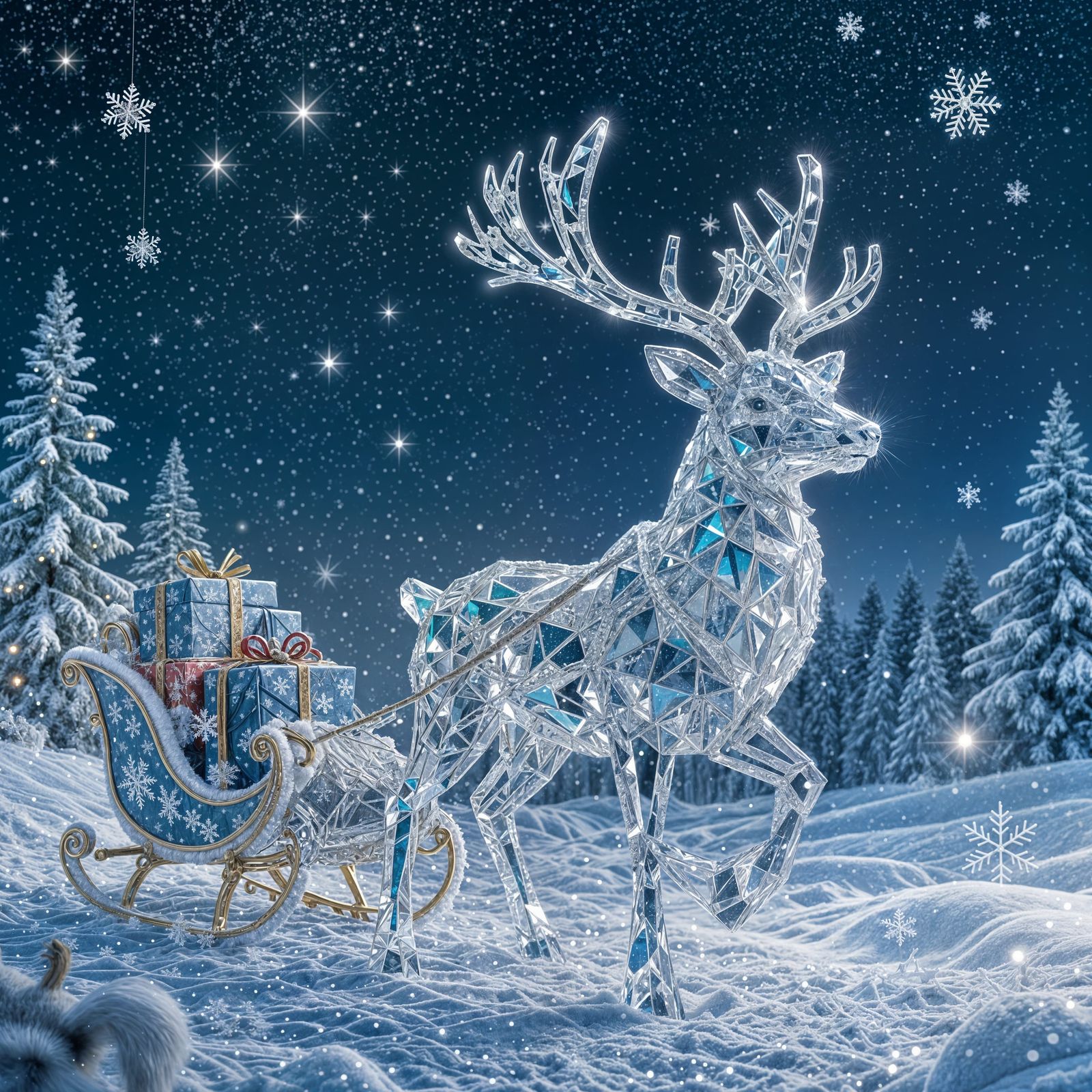 Crystalline Reindeer Pulls Gift Sleigh in Magical Winter Won...