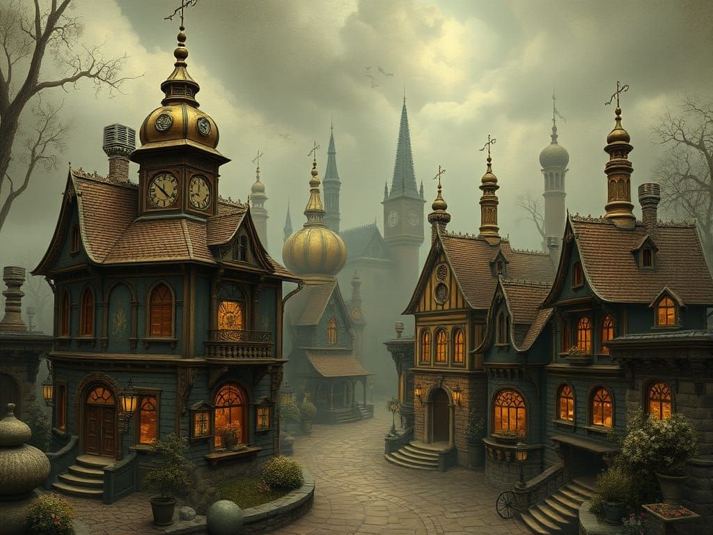 Steampunk Clockwork Village in Rococo Precisionism Style