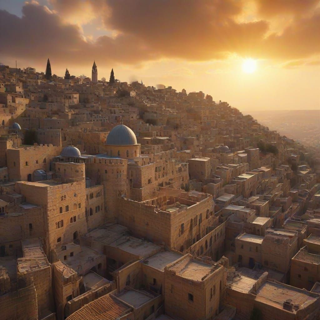 Jerusalem Cityscape in Golden Light: Oil Painting