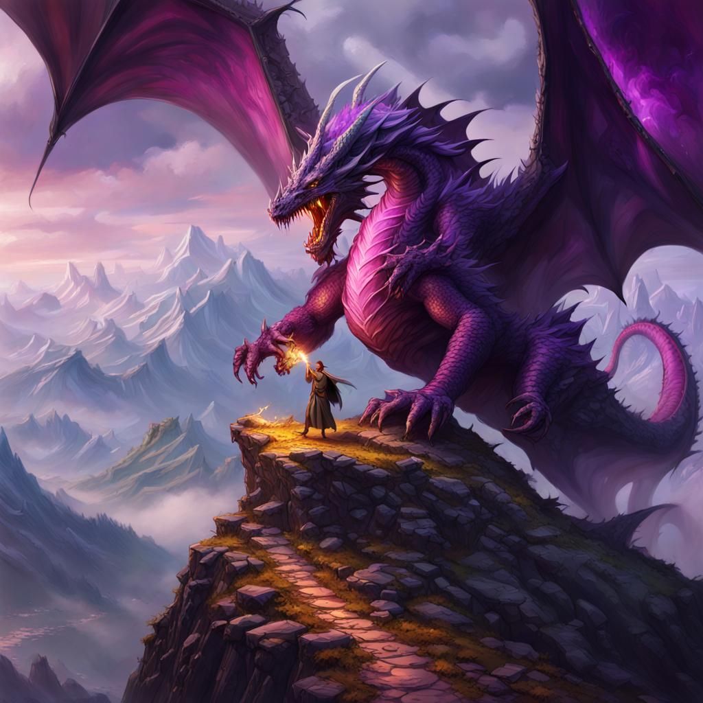 A powerful wizard fighting a big dragon on a mountain