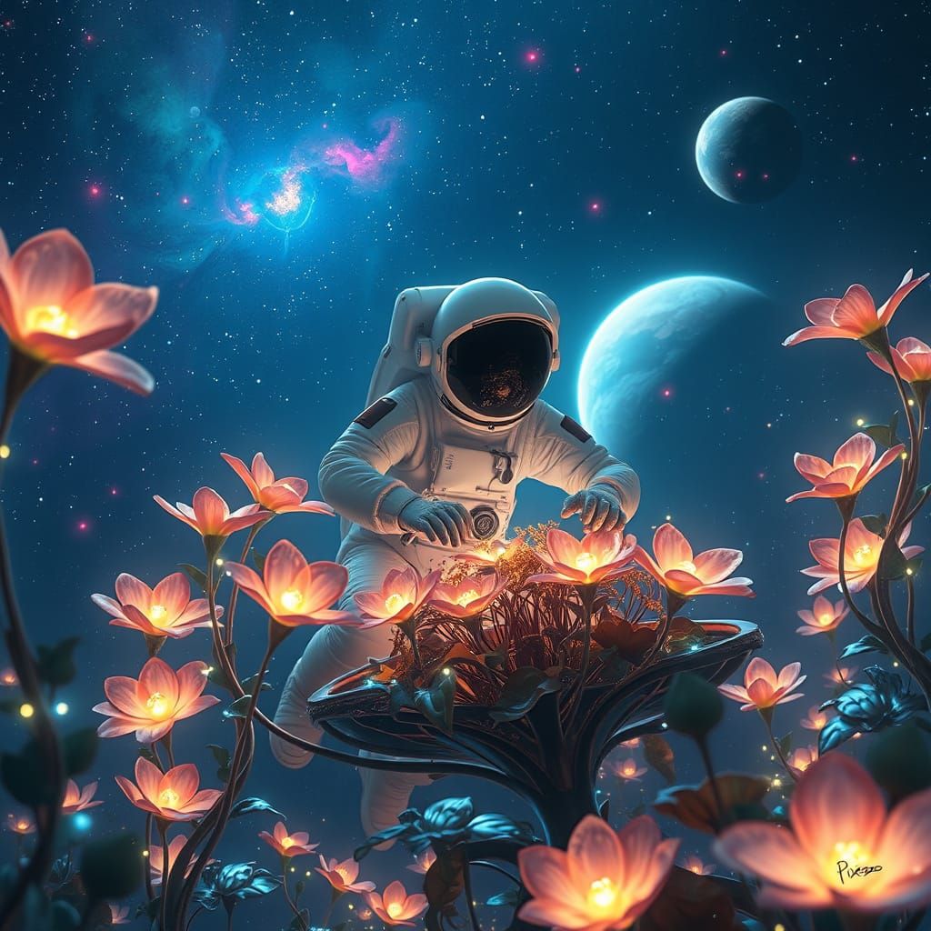 Astronaut Tending Alien Garden in Deep Space