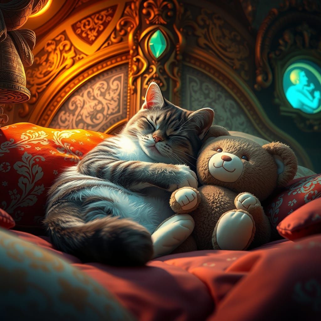 A cat cuddling his teddy bear on a nice cozy bed.  detailed matte painting, deep color, fantastical, ...  by @MeteorStorm2018