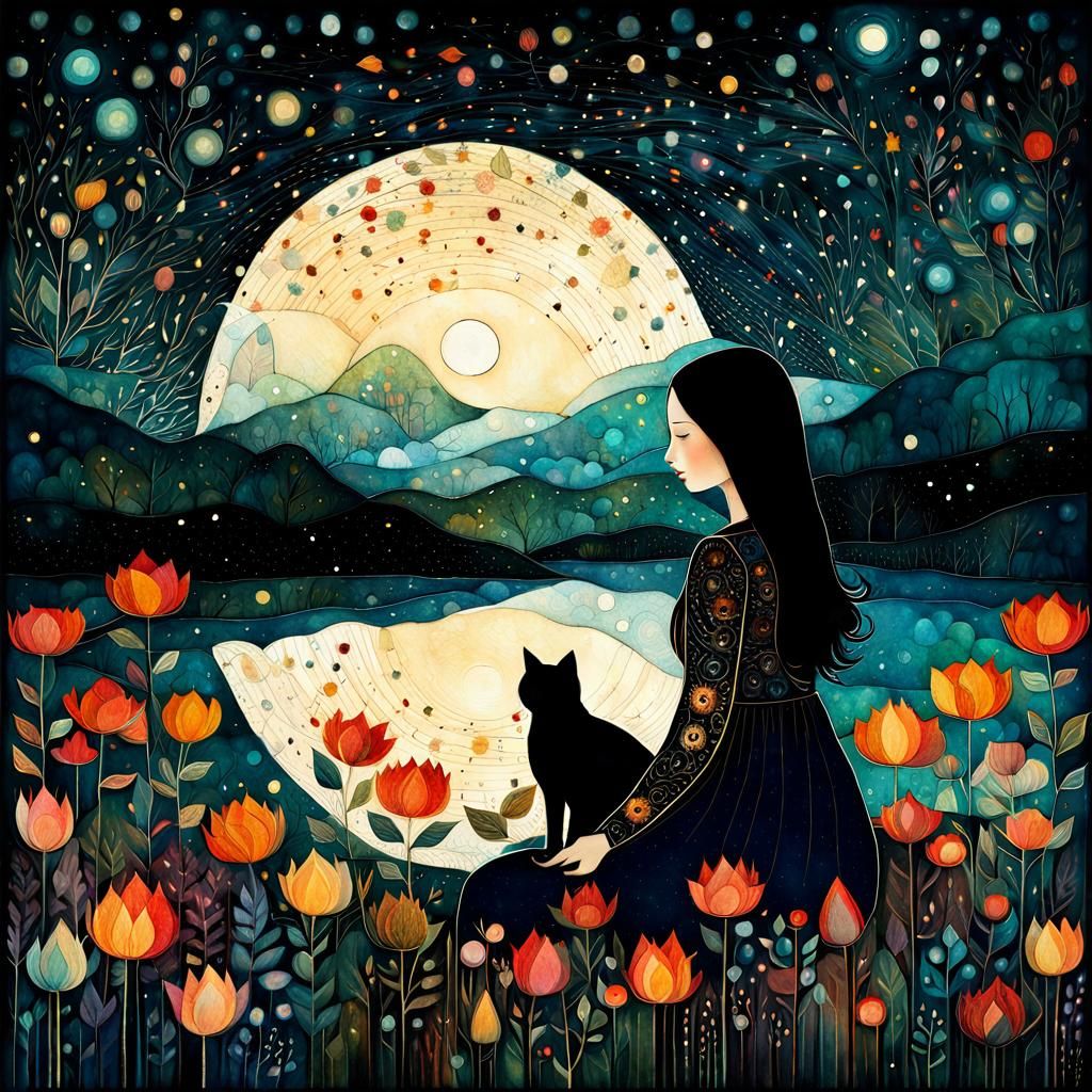a girl and her cat, at night.