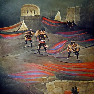 Gladiators; Azerbaijan, Baku; 1914; watercolors on black pap...