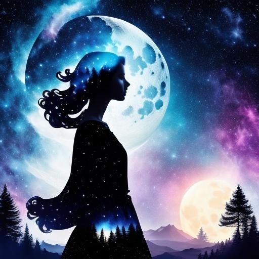 <lora:Silhouette Art AR181:1.0> Moon Goddess, Moonlit, Milky way, Double exposure art, a photo inside the silhouette. Beautiful double expos...