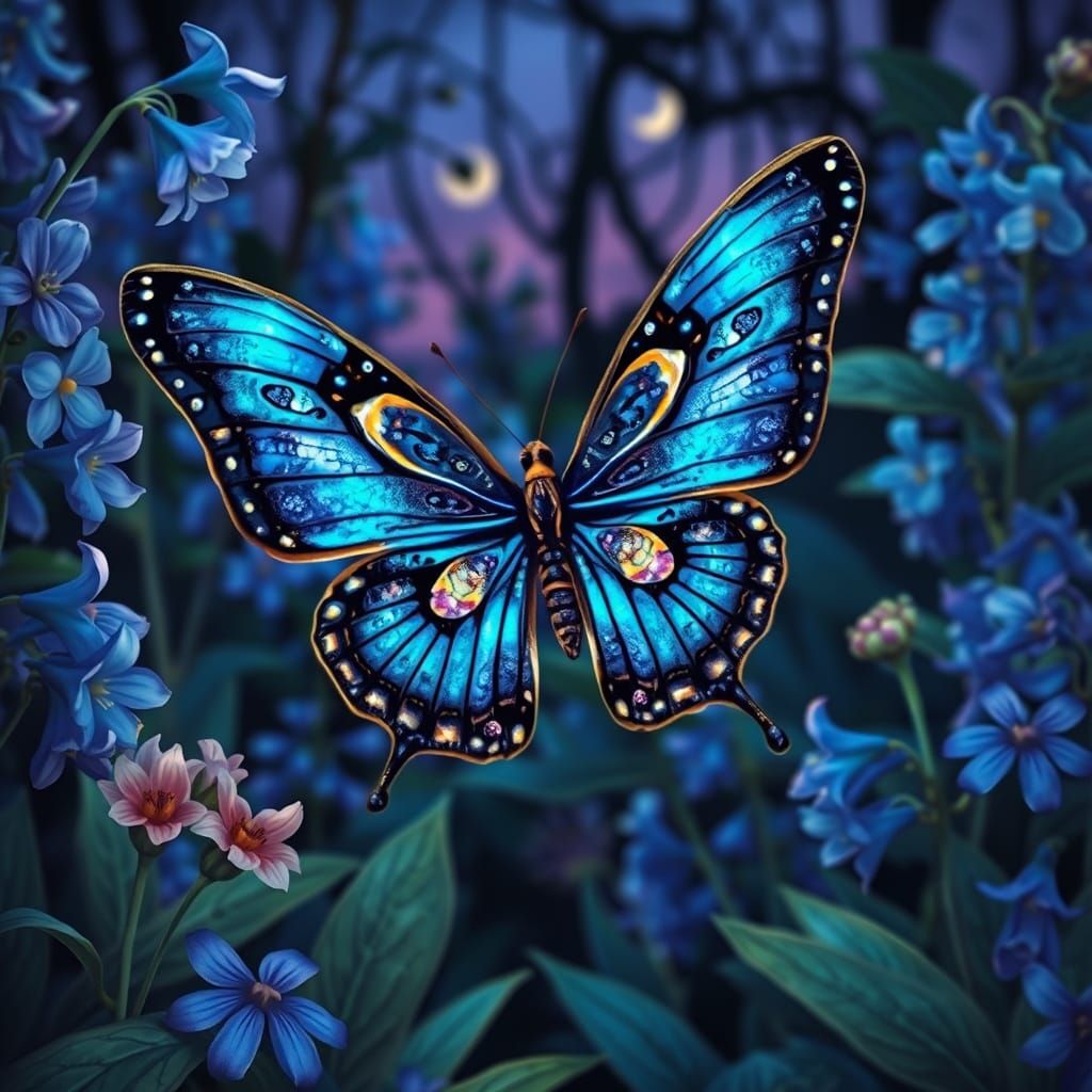 envision a kaleidoscope decorated butterfly flitting through a twilight garden, its wings shimmering ...  by @ Jennifer