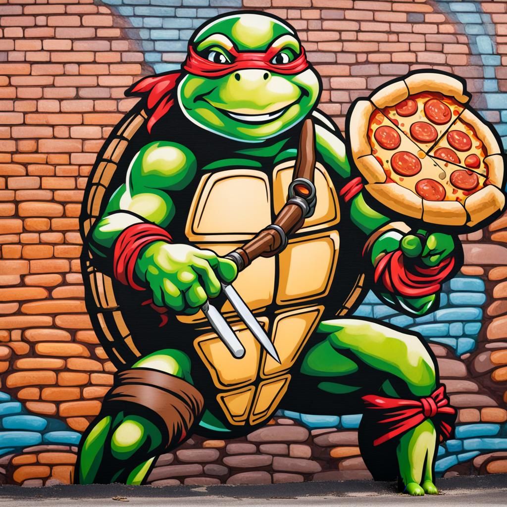 ninja turtle holding pizza with sausages mural on the pizzeria wall, in ...