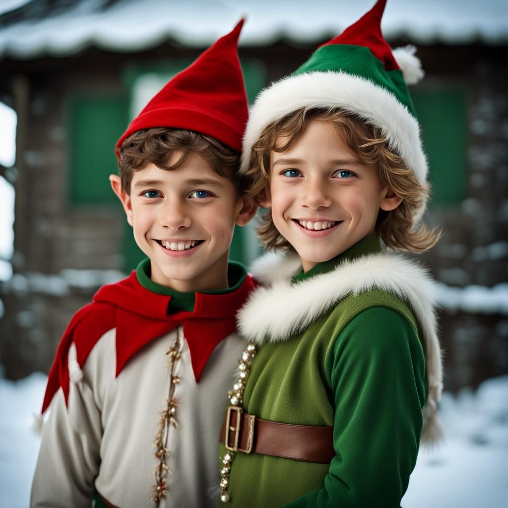 Portrait of a smiling elf boy and a happy elf girl at Christmas at the ...