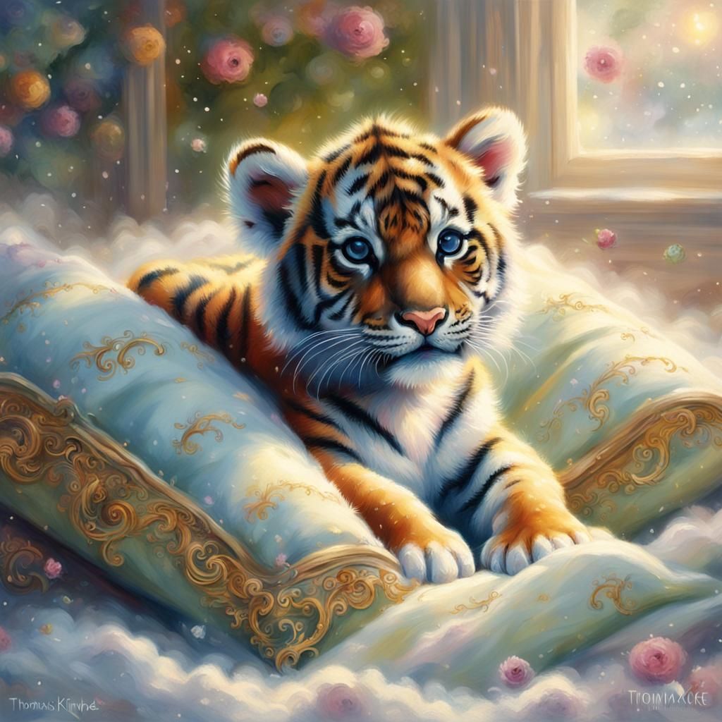 Foregroud of a baby tiger cub lying in a pillow smiling in a white cosy room  by @undefined