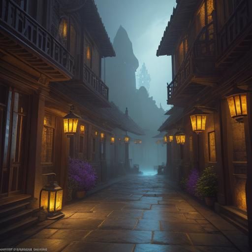 Vibrant fantasy concept art. Medium shot. Lanterns line a co...
