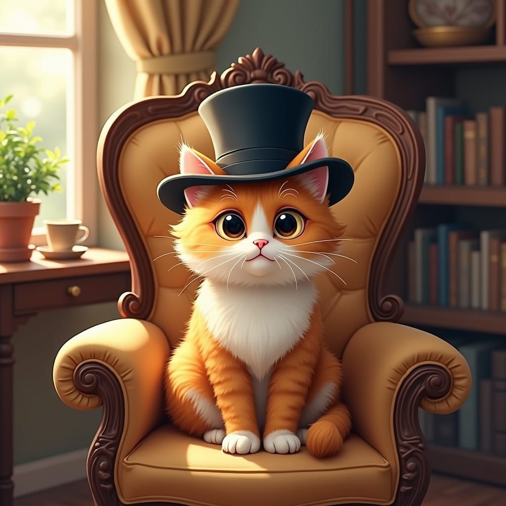 "A cute, fluffy cat wearing a vintage but stylish top hat, s...