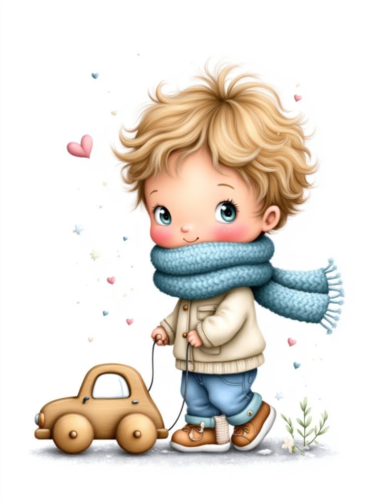 Full body sweet Little Boy, wearing a knitted scarf, gently pulling a Wooden Car, clean and crisp lines, isolated on a white background <lor...