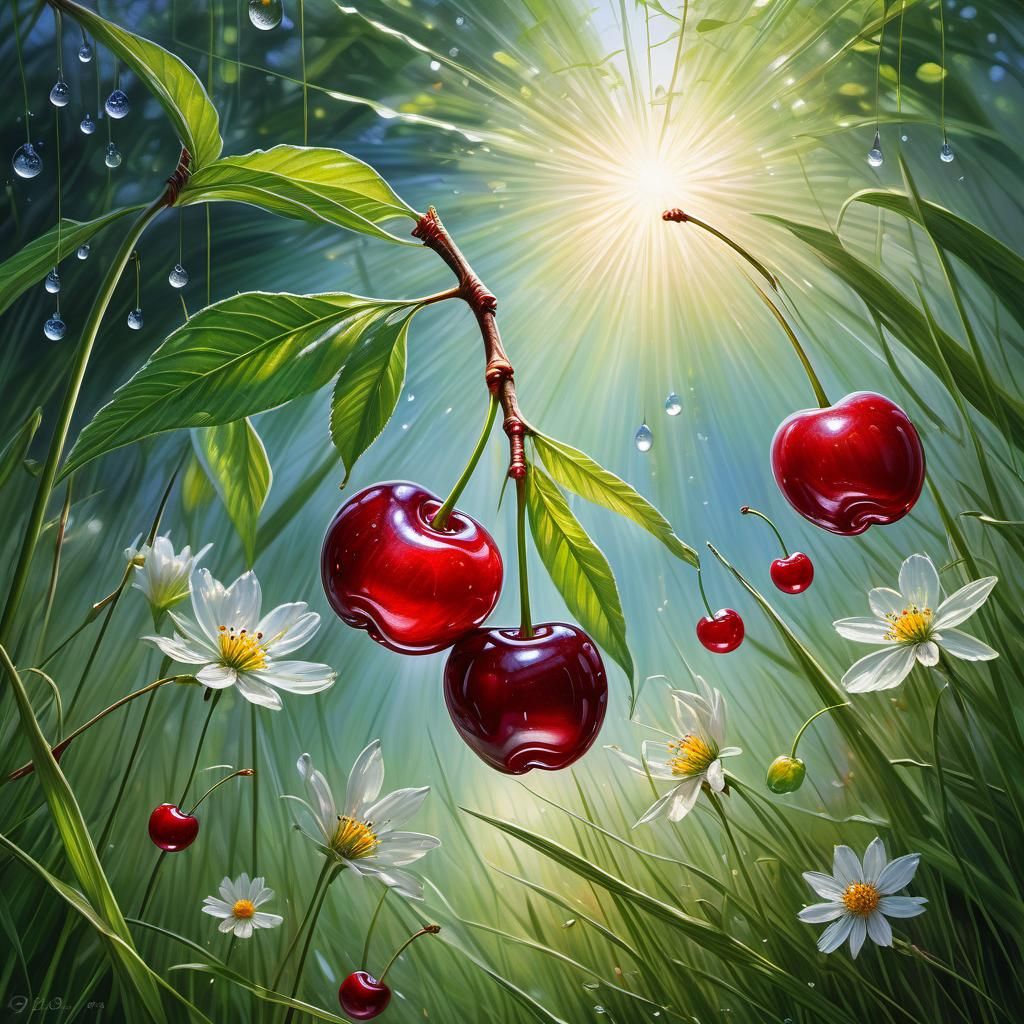 Vibrant Cherries with Wildflowers in Ethereal Light