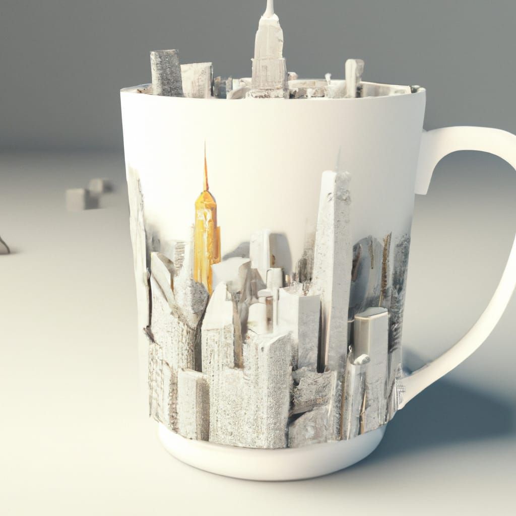 3d view of a large white Coffee cup with New york City skysc...