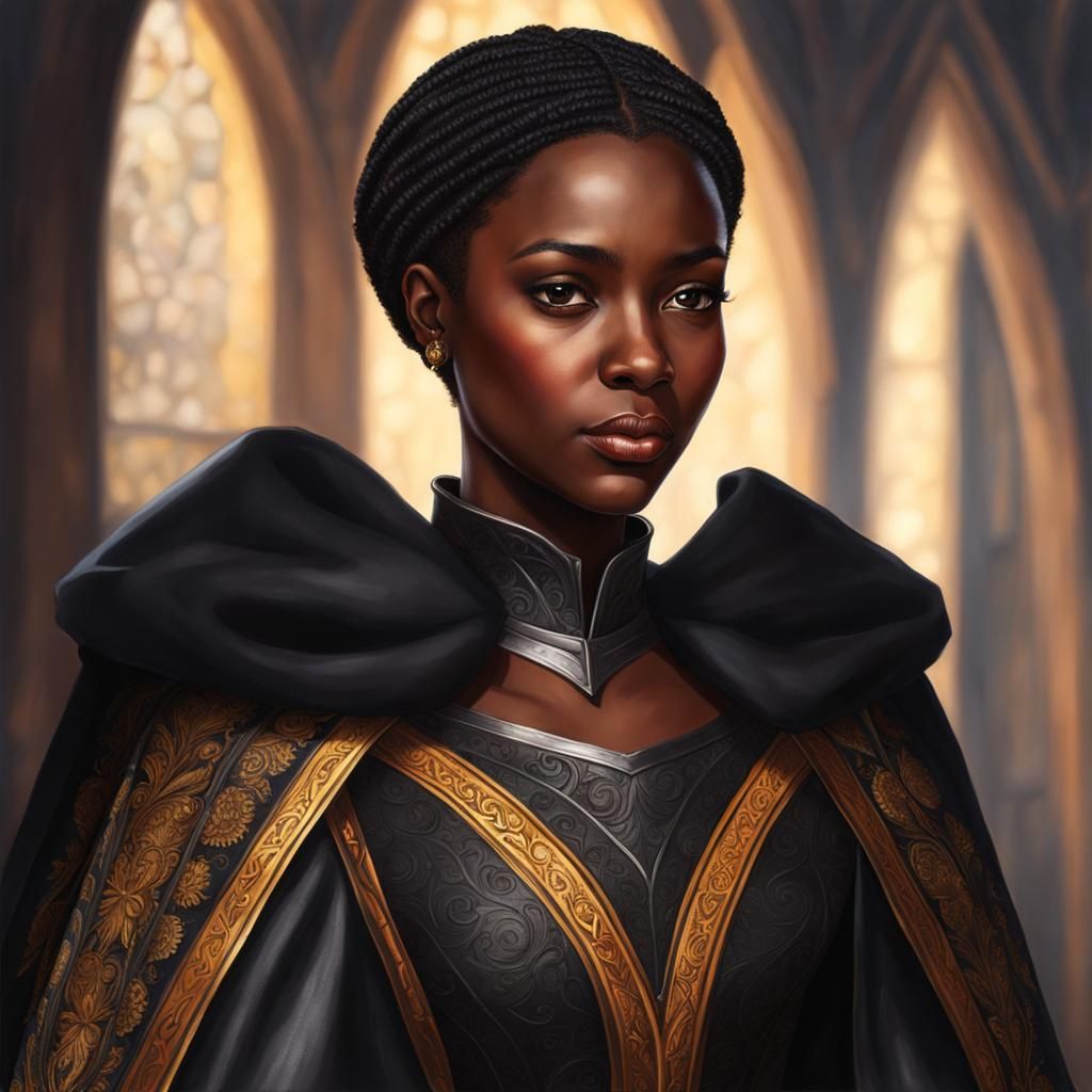 A short black woman around 17 years in a black medieval SIMPLE clothe ...