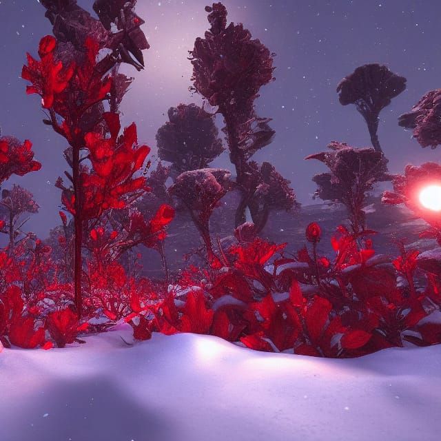Blood flowers in the snow by night sky moonlight trending on...