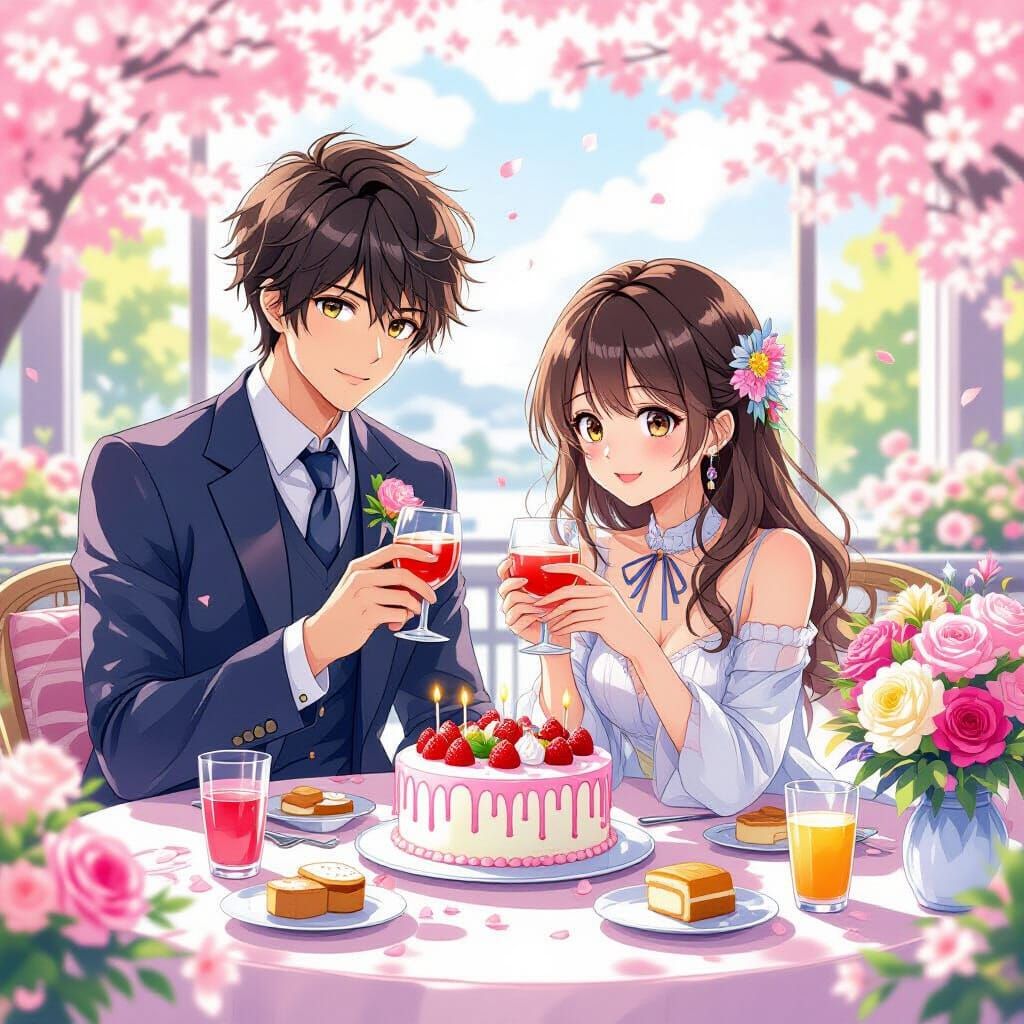 Anime Birthday Scene in Pastel Manga Style