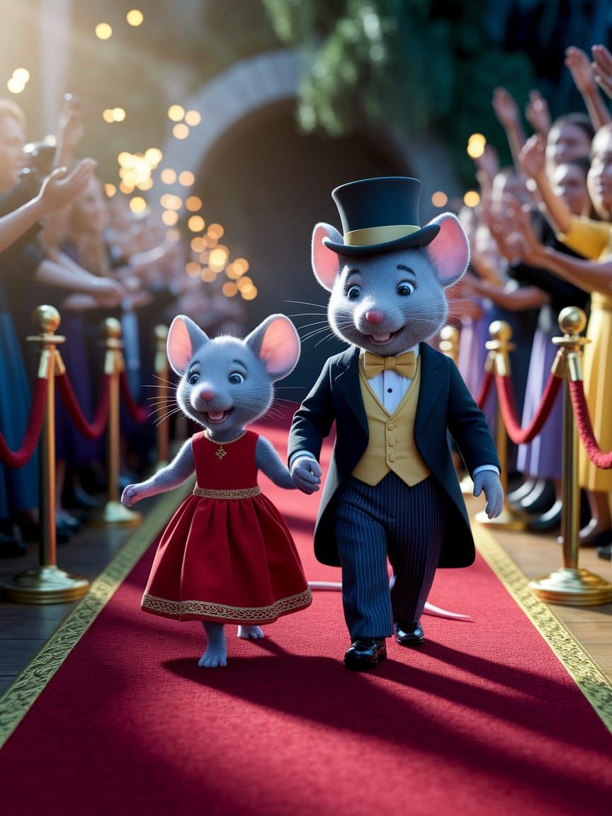 A tiny mouse in a red dress joyfully walking down the Red Carpet with a mouse in suit and top hat. The crowd in the background cheers, and c...