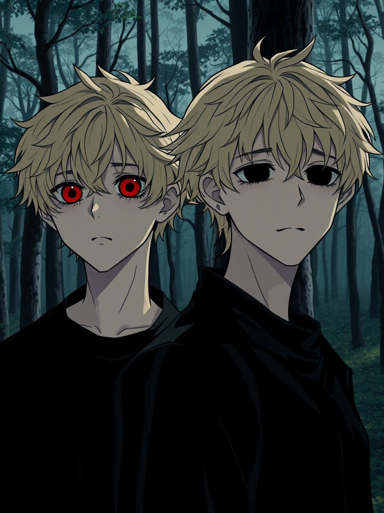 In the distance two guys with blonde curls; their eyeless holes are a black void; irises are red circles. Poised in a forest; shiki detailed...