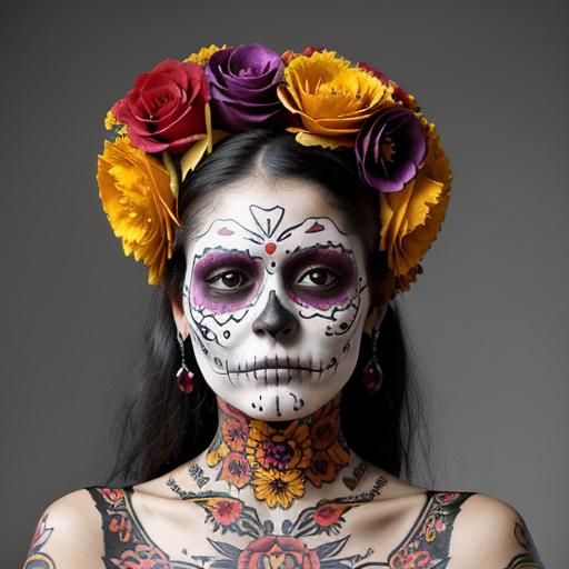 Picture a female character, dressed in traditional Day of th...