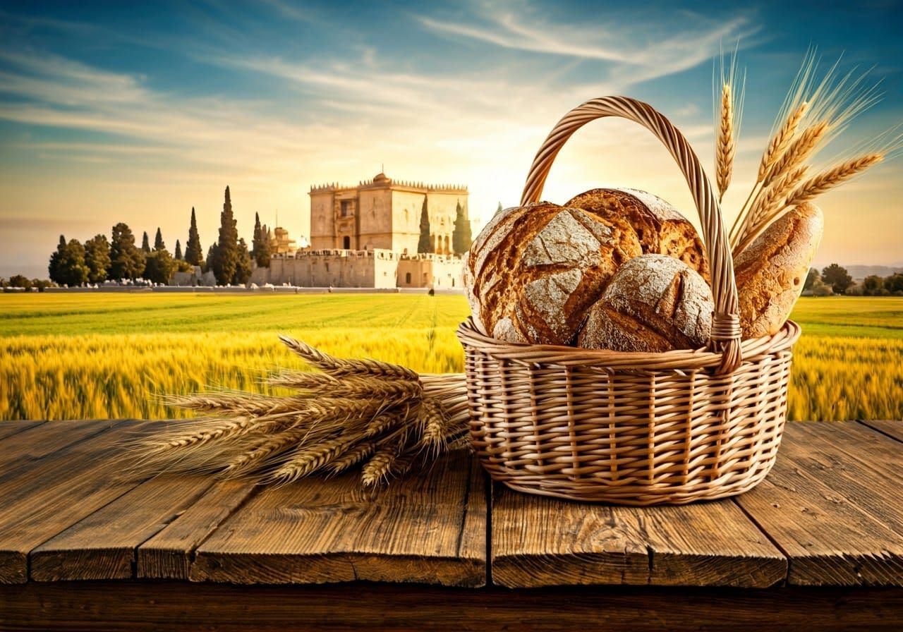 Heavily Ornate Antique Table with Bread and Wheat in a Warm...