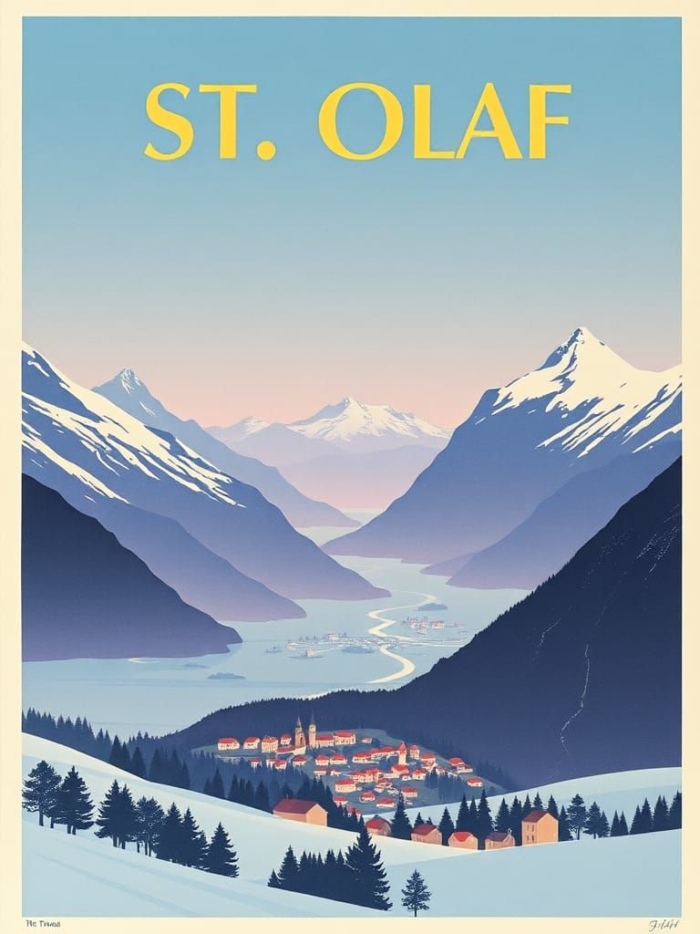 Vintage travel poster with the text “ST. OLAF” At the top in golden art deco font. Mid century modern style design, the poster has pastel bl...