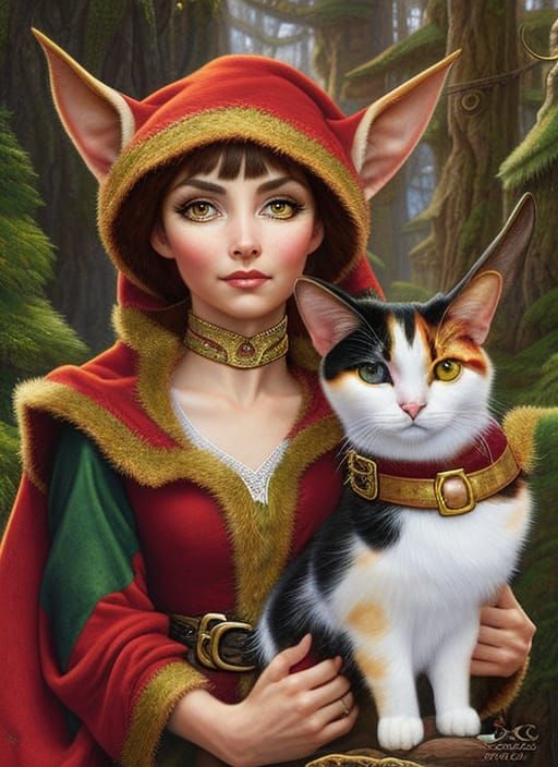 A detailed portrait of a calico cat dressed in elf clothes, very long