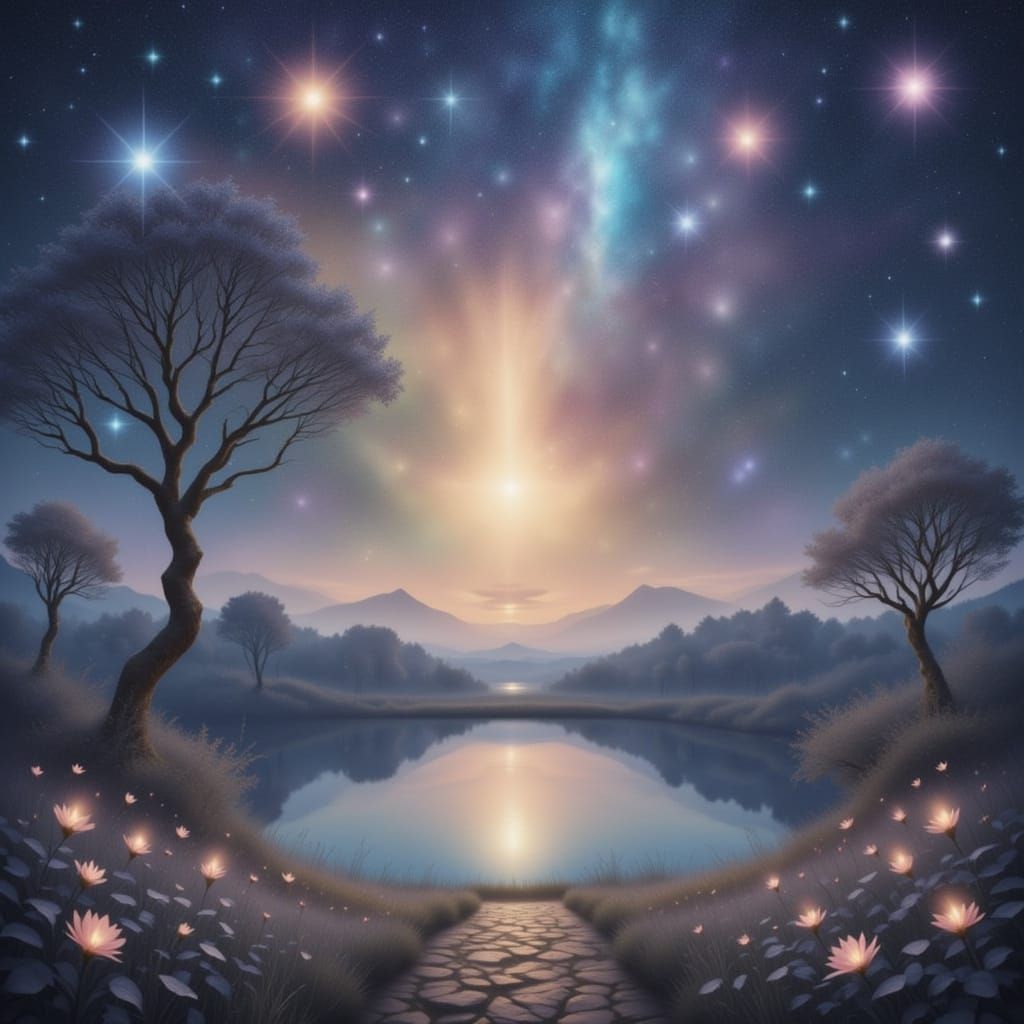 With cosmic connections, we'll flow through the dawn
In the strum of the stars now, our worries are gone
The universe whispers, as we float ...