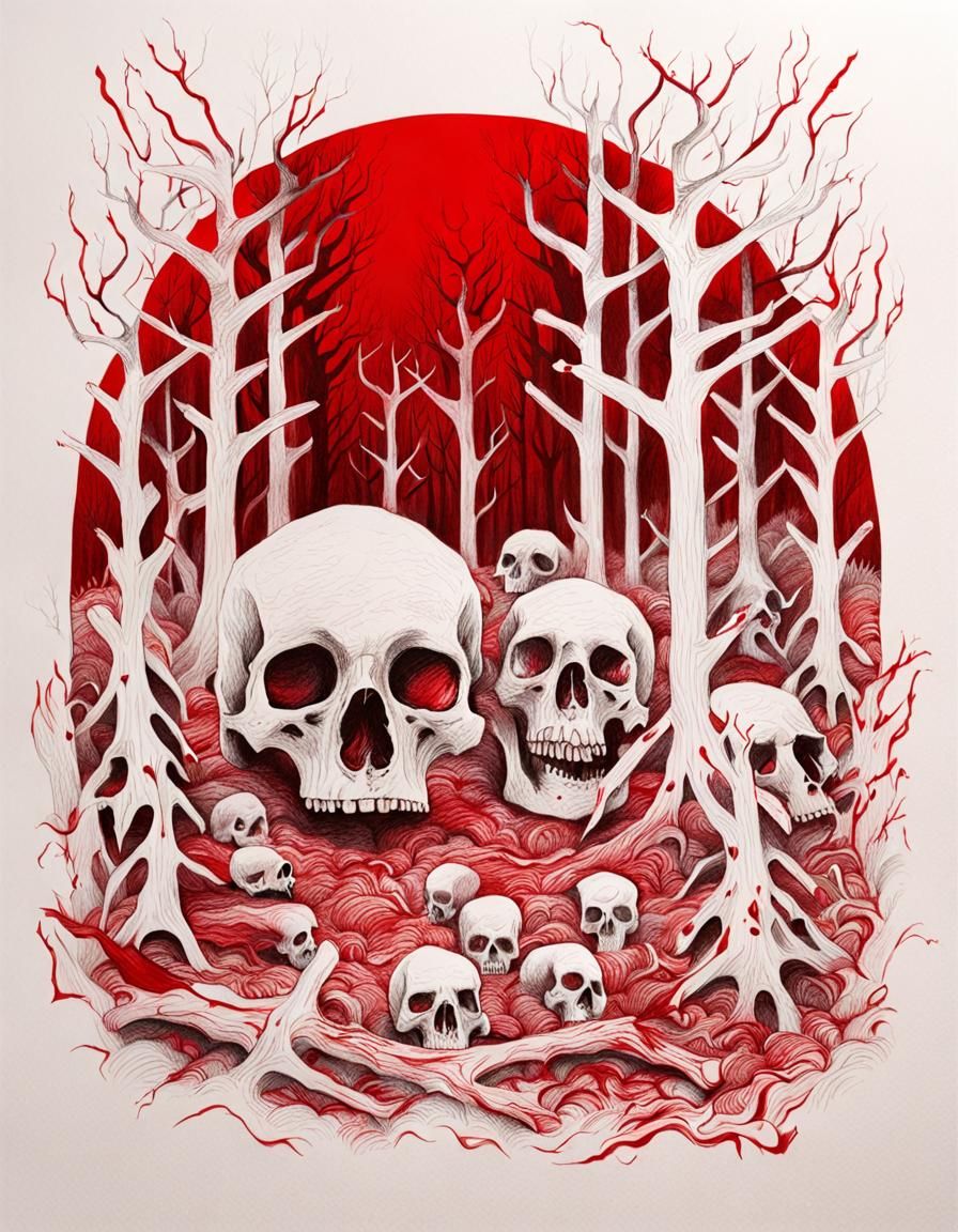 Forest of bones, drawing, Red and white, horror, 