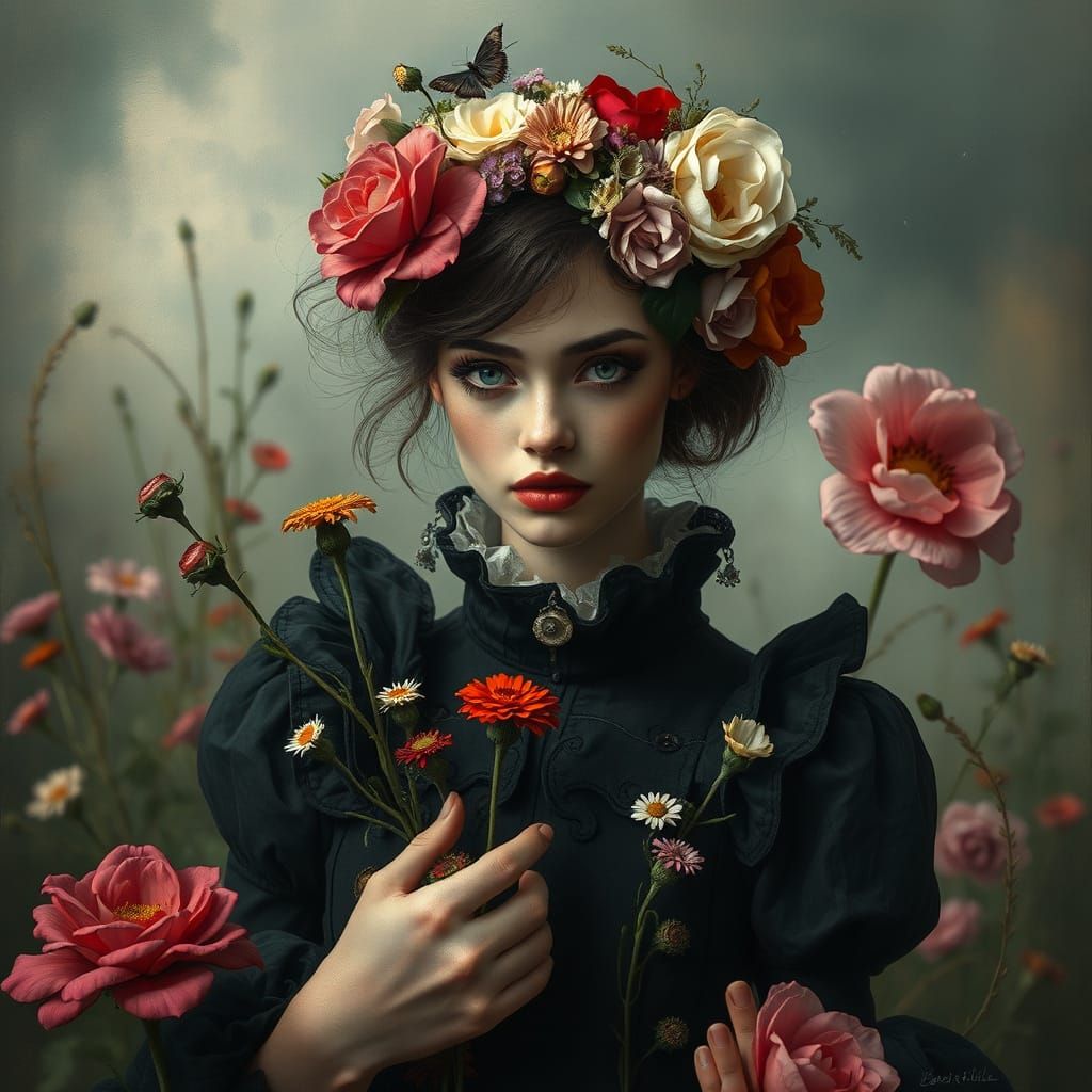 A beautiful SCOUNDREL with flowers, in full MISCHIEF, under a DELUSION, BEN BOCQUELET, CEREN KILIC   by @SAUCED IMPROV 