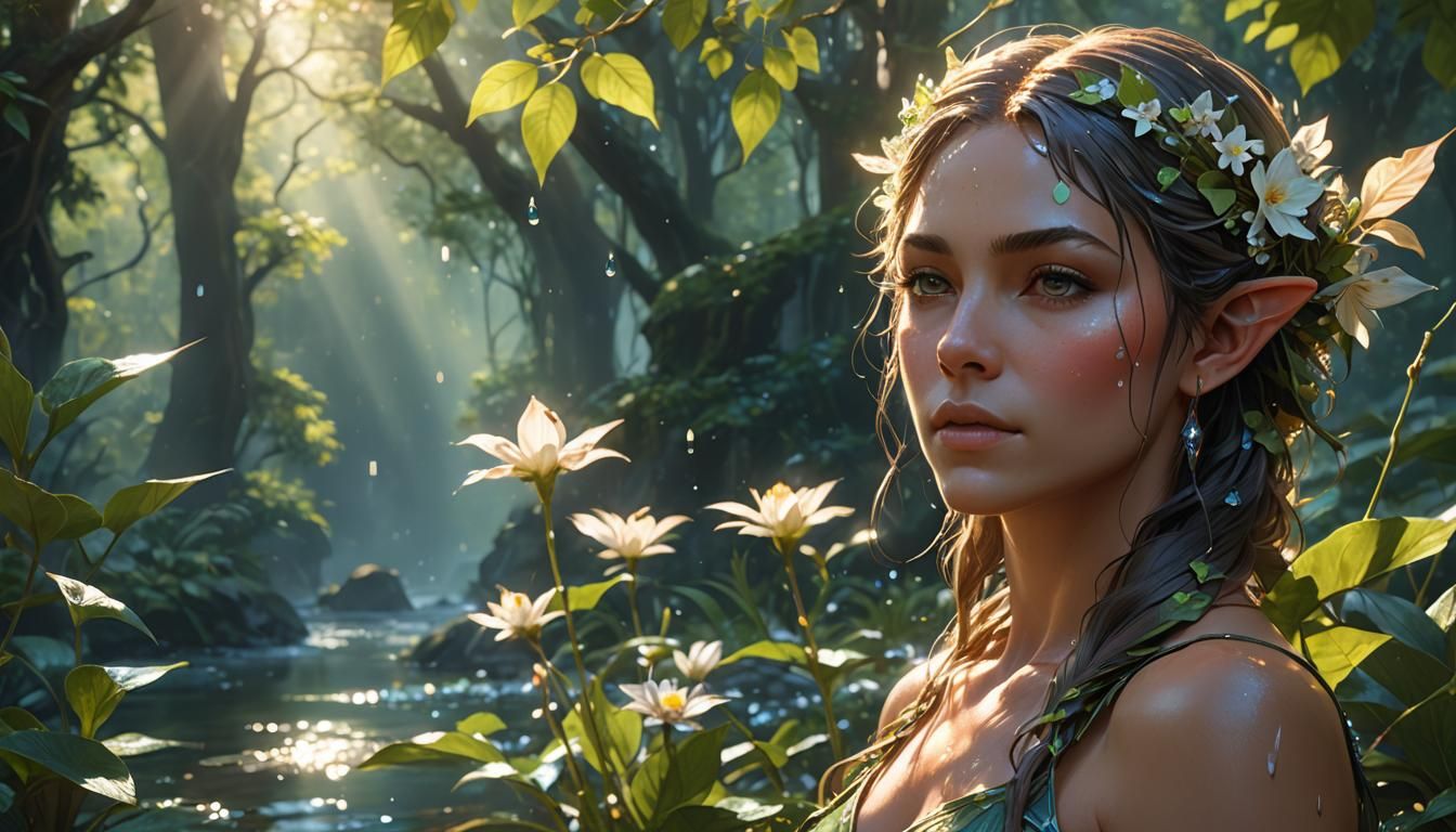 Young water elf in a clearing with drops of water sparkling in the early morning sun.  by @Joris
