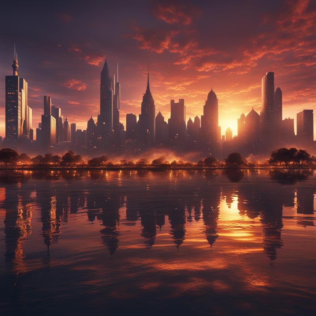 City skyline across the water at sunset