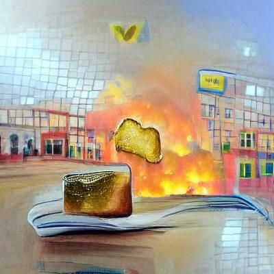 A piece of toast with butter. The background is a bakery on ...