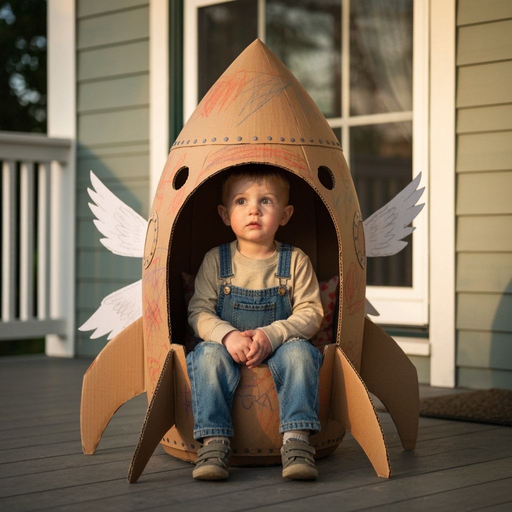 Little boy wearing a space helmet sits in his cardboard rocket ship in a driveway.  by @Snidely Whiplash 