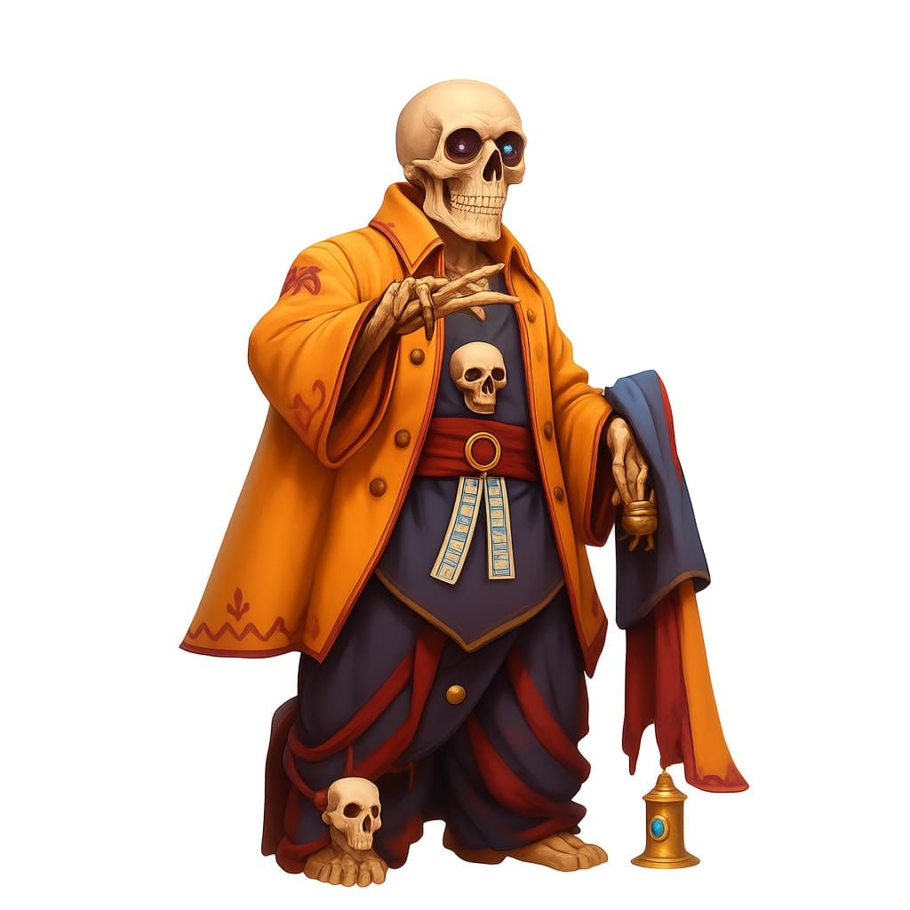 “Transform the base image into a skeletal jester inspired by Digimon Piedmon as a skin concept. The character is a buff, humanoid skeleton w...