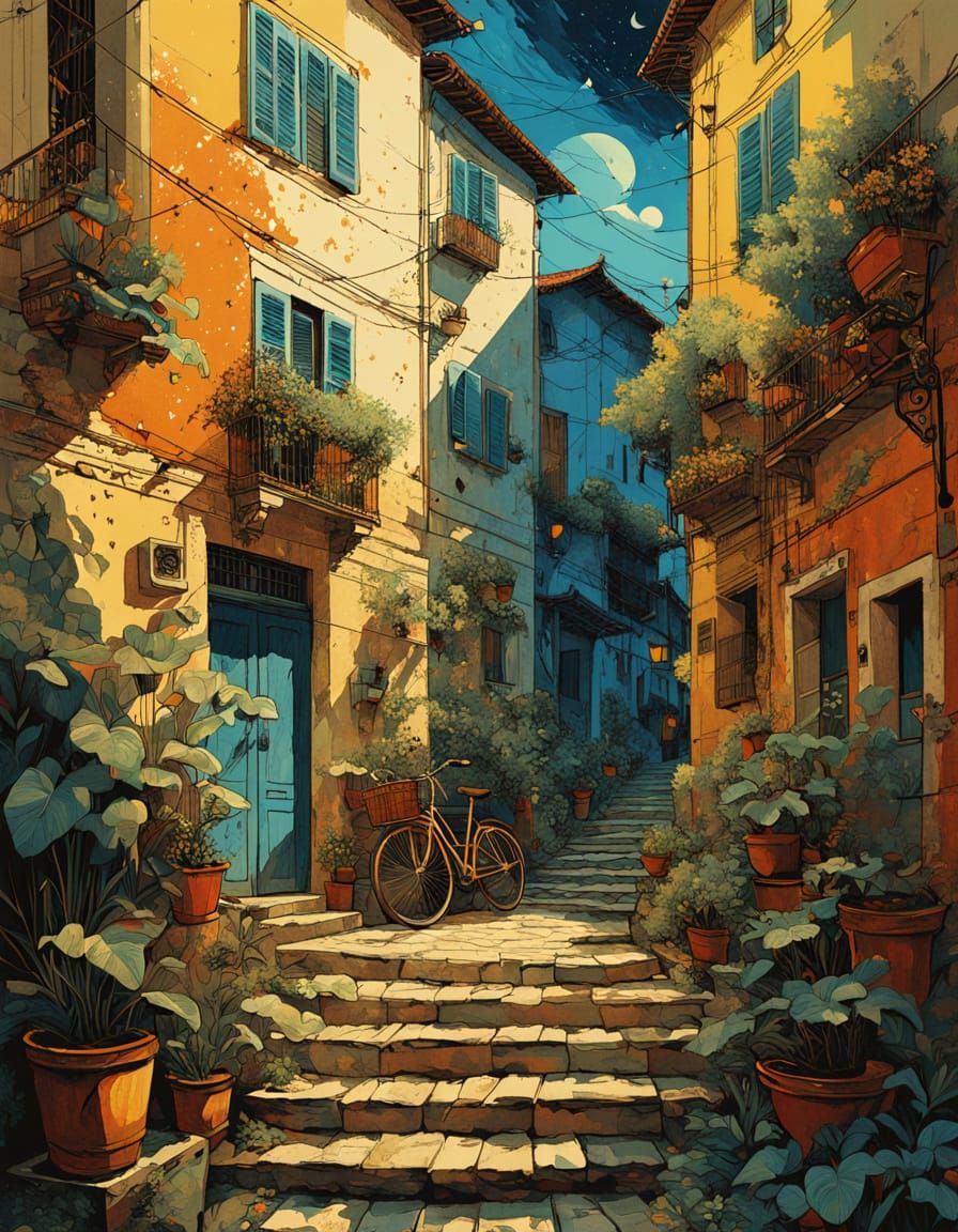 Detailed embossed art of A love covered pedestrian way in Todi.
italy, house plants on steps, colourful ...  by @Summerchild