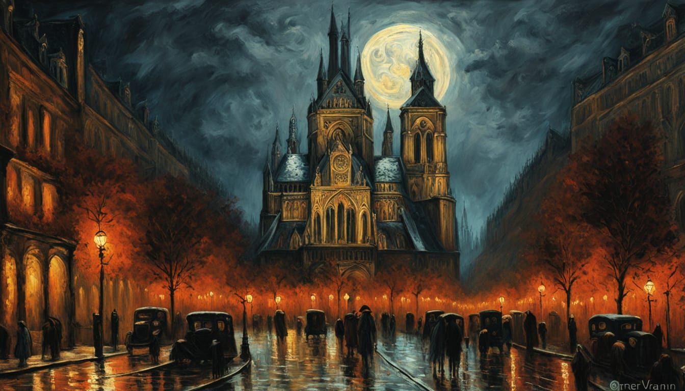 Paris cathedral, blood moon in the top right corner, the demonic glow of the moon reveals every tiny detail, ultra-detailed, oil painting st...