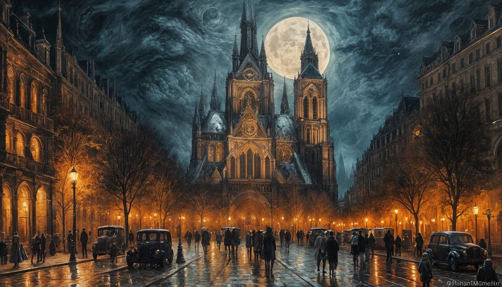 Paris cathedral, blood moon in the top right corner, the demonic glow of the moon reveals every tiny ...  by @undefined