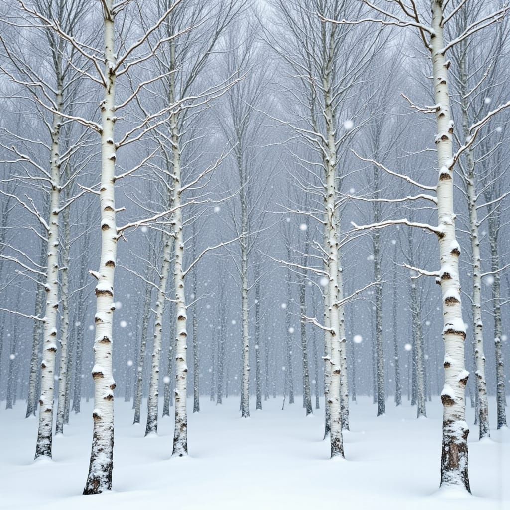 <lora:Snowfall Engine V1:1.5> A snowy forest of American white birch trees (Betula papyrifera) with pale, peeling white bark and slender tru...