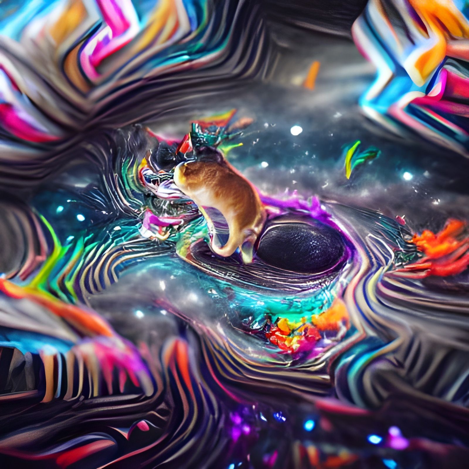 psychedelic cat falling down a spiral galaxy hole