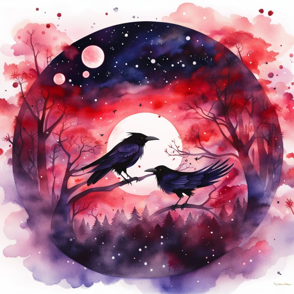 Ravens in the mystical dark forest under the red blood moon with stars and sparkles and clouds everywhere watercolor by artist "anime", Anim...