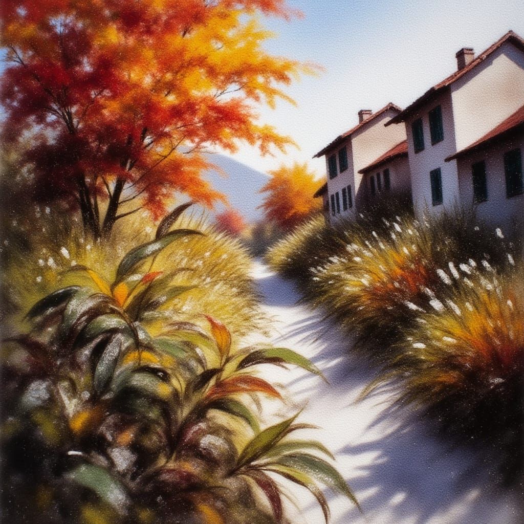 Beautiful old world country village. Beautiful spring sunrise, insanely detailed watercolor painting with rough paint strokes and textures, ...