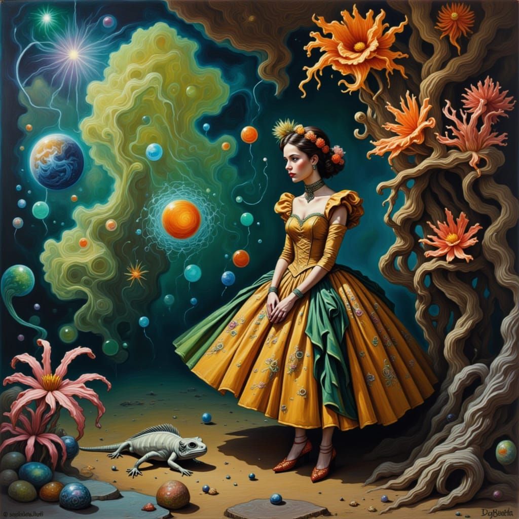 <lora:My pets:1.0><lora:My outfits:1.0> a model with a Norman Rockwell inspired runway dress next to a gecko