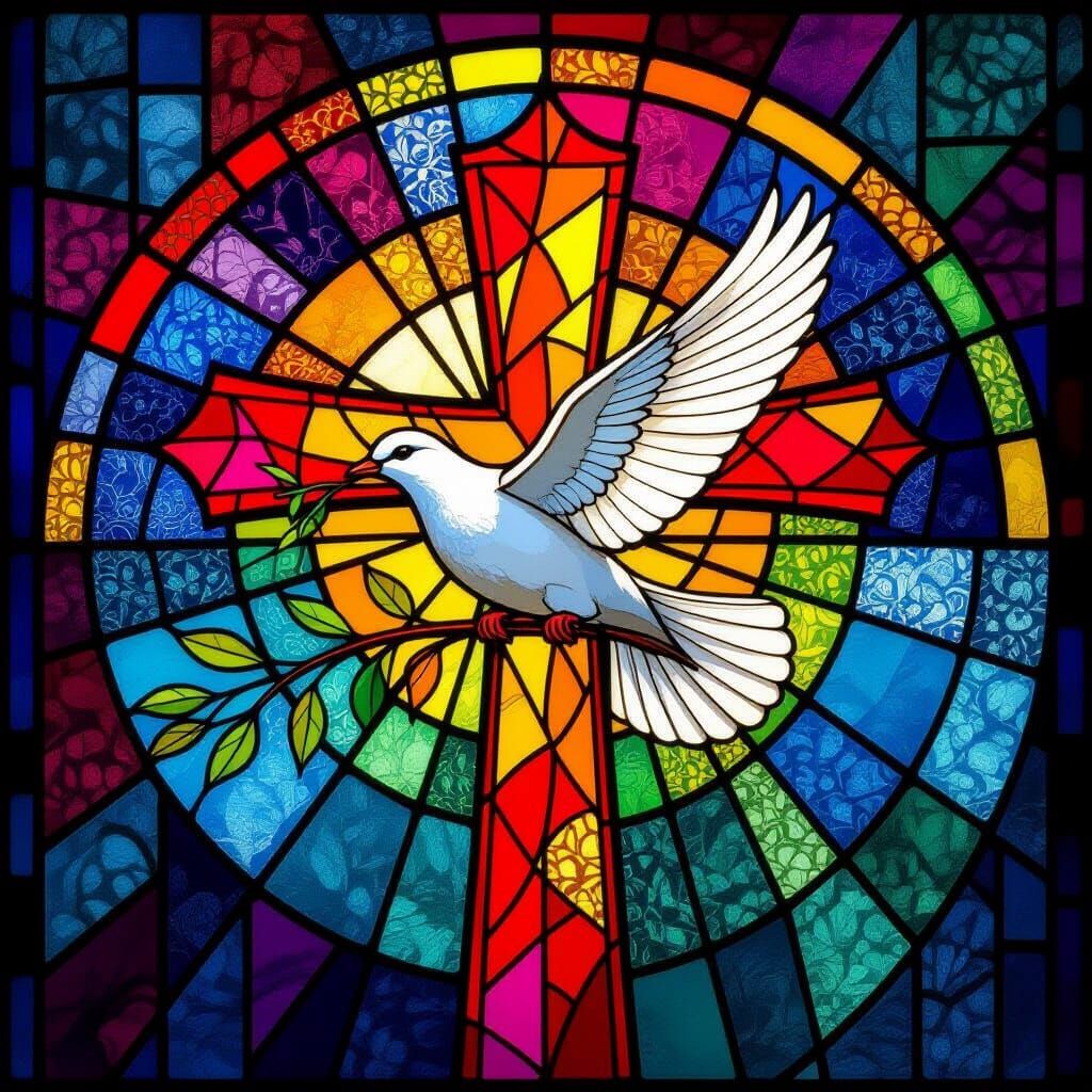 Dove Soaring Above Cross in Stained Glass Style