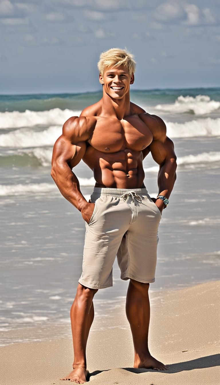 Exotic Fratboy Hunk with Bodybuilder Physique on Beach