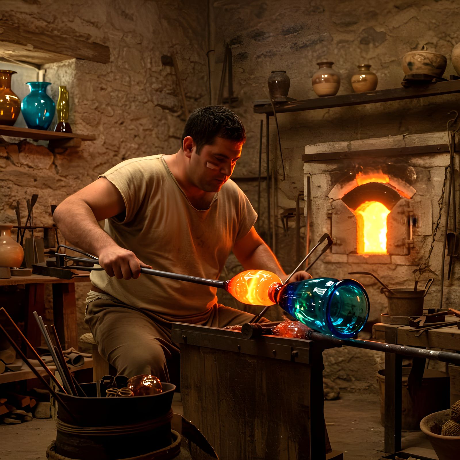 Roman glass-blower in his 1st century worksop