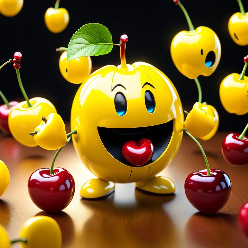 Pacman catching cherries (A) - AI Generated Artwork - NightCafe Creator