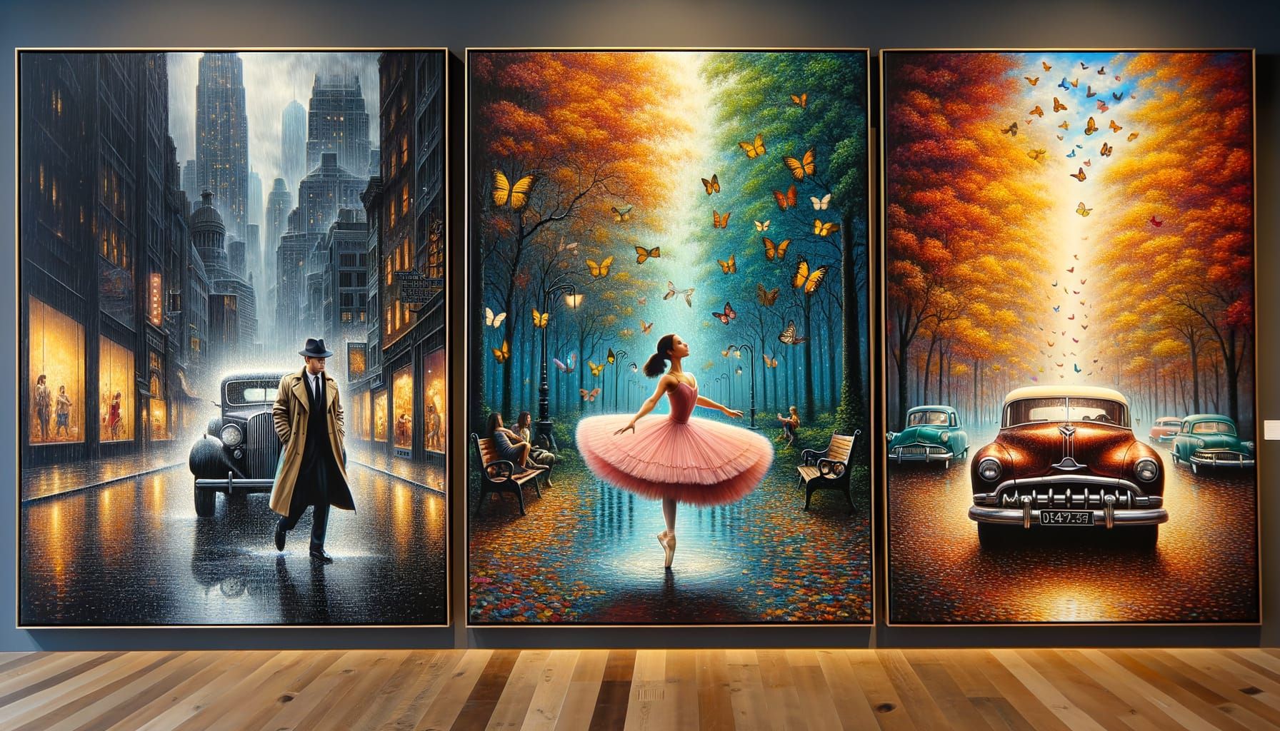 A magical triptych landscape inside an art gallery